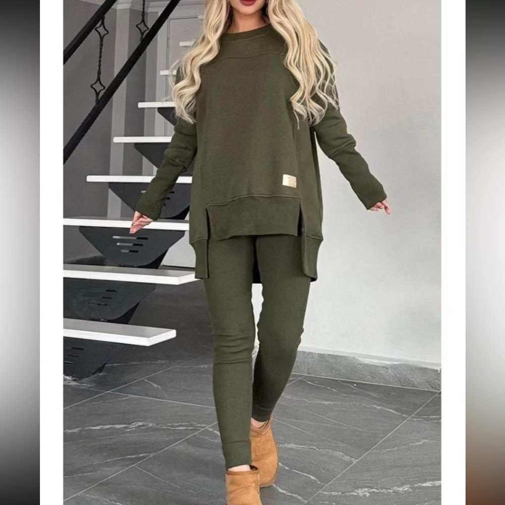 Olive Green Women's Pants & sweatshirt Set side slit high low medium new in bag